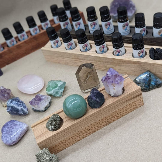 Oil and Crystal Bundle with Hand Crafted Wooden Altar Display | Display Decor for Essential Oils and Crystals