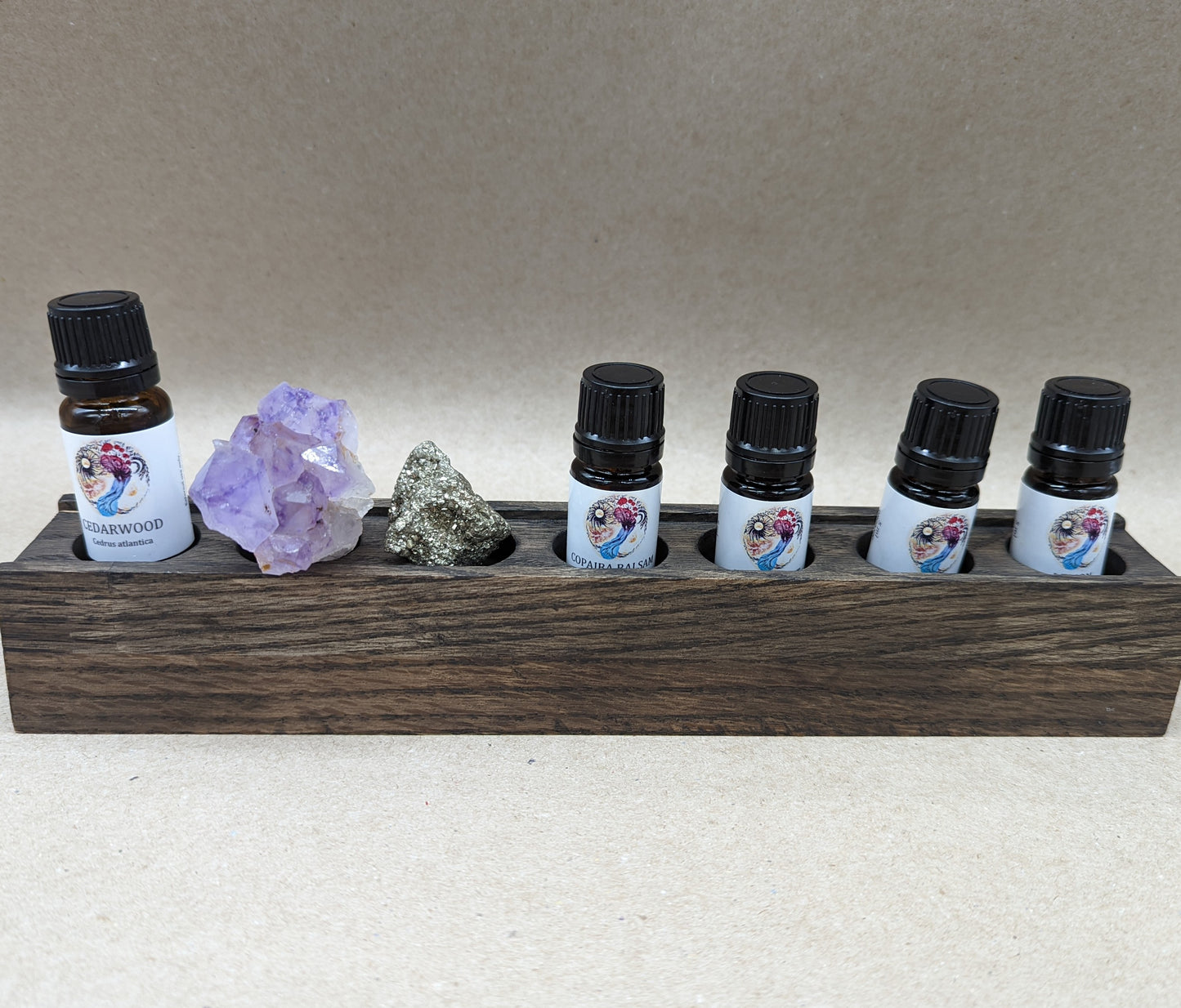 Oil and Crystal Bundle with Hand Crafted Wooden Altar Display | Display Decor for Essential Oils and Crystals